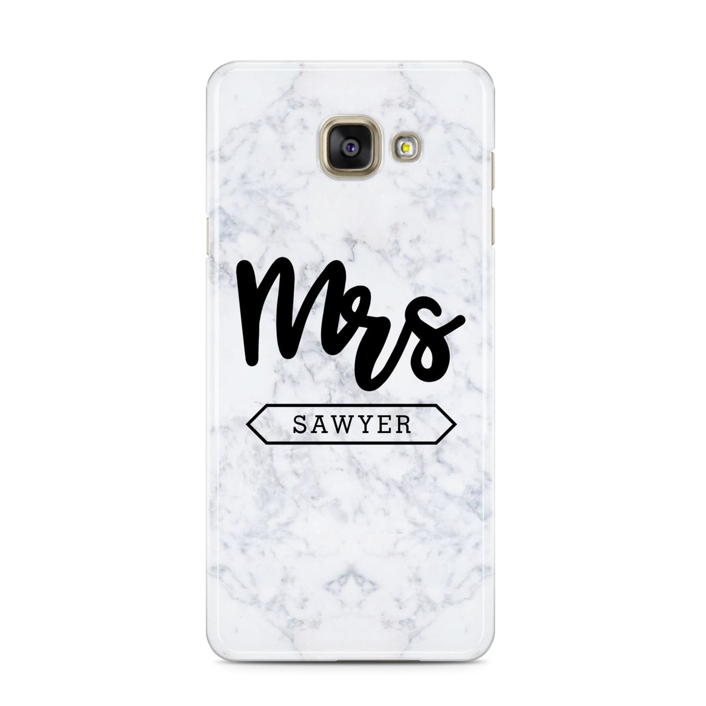 Personalised Black Mrs Surname On Marble Samsung Galaxy A3 2016 Case on gold phone