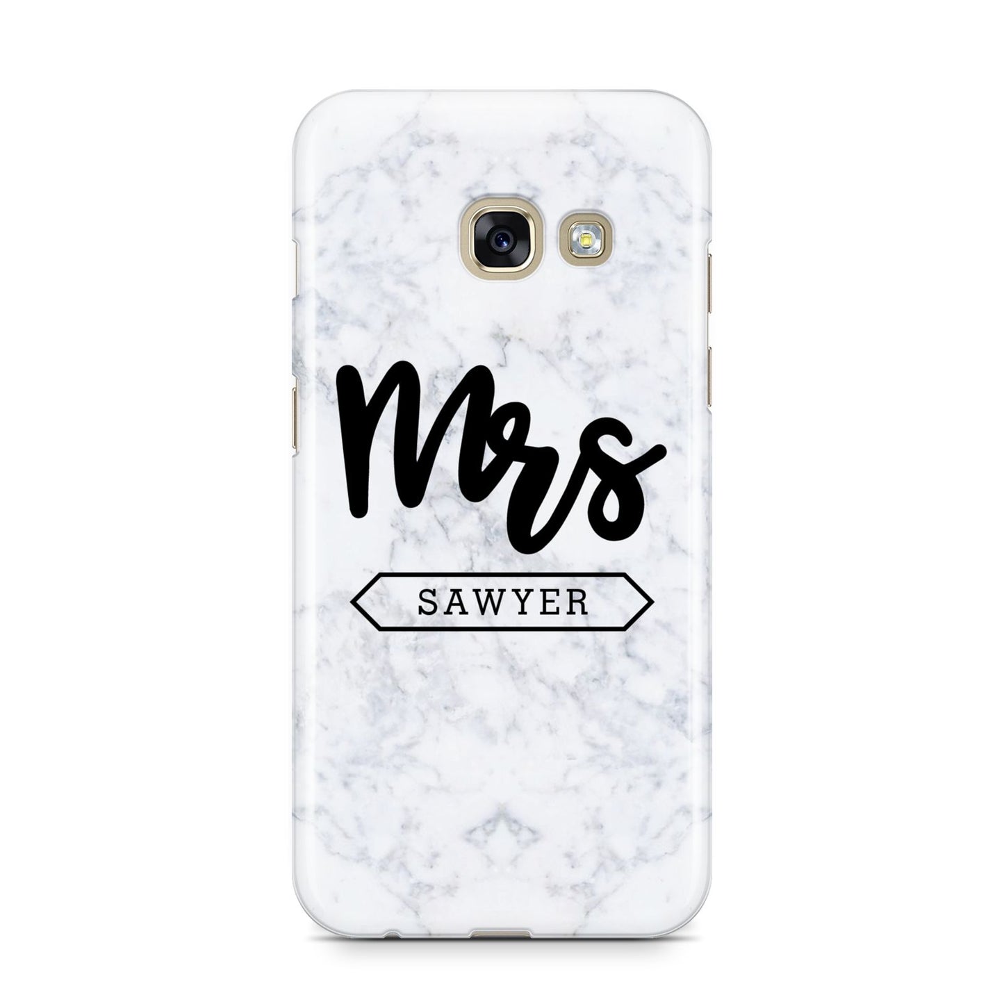 Personalised Black Mrs Surname On Marble Samsung Galaxy A3 2017 Case on gold phone