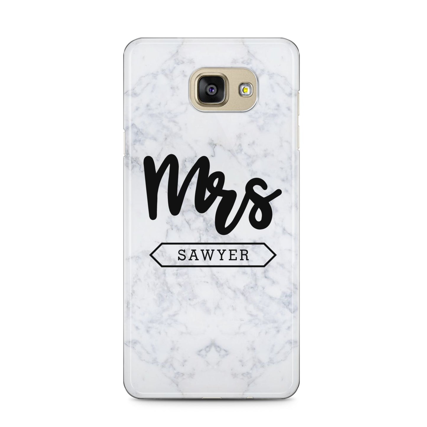 Personalised Black Mrs Surname On Marble Samsung Galaxy A5 2016 Case on gold phone
