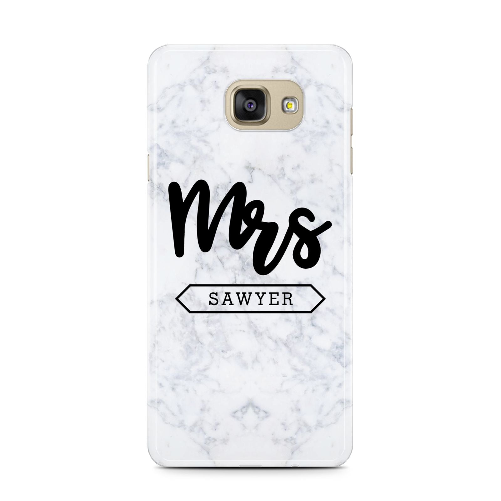 Personalised Black Mrs Surname On Marble Samsung Galaxy A7 2016 Case on gold phone
