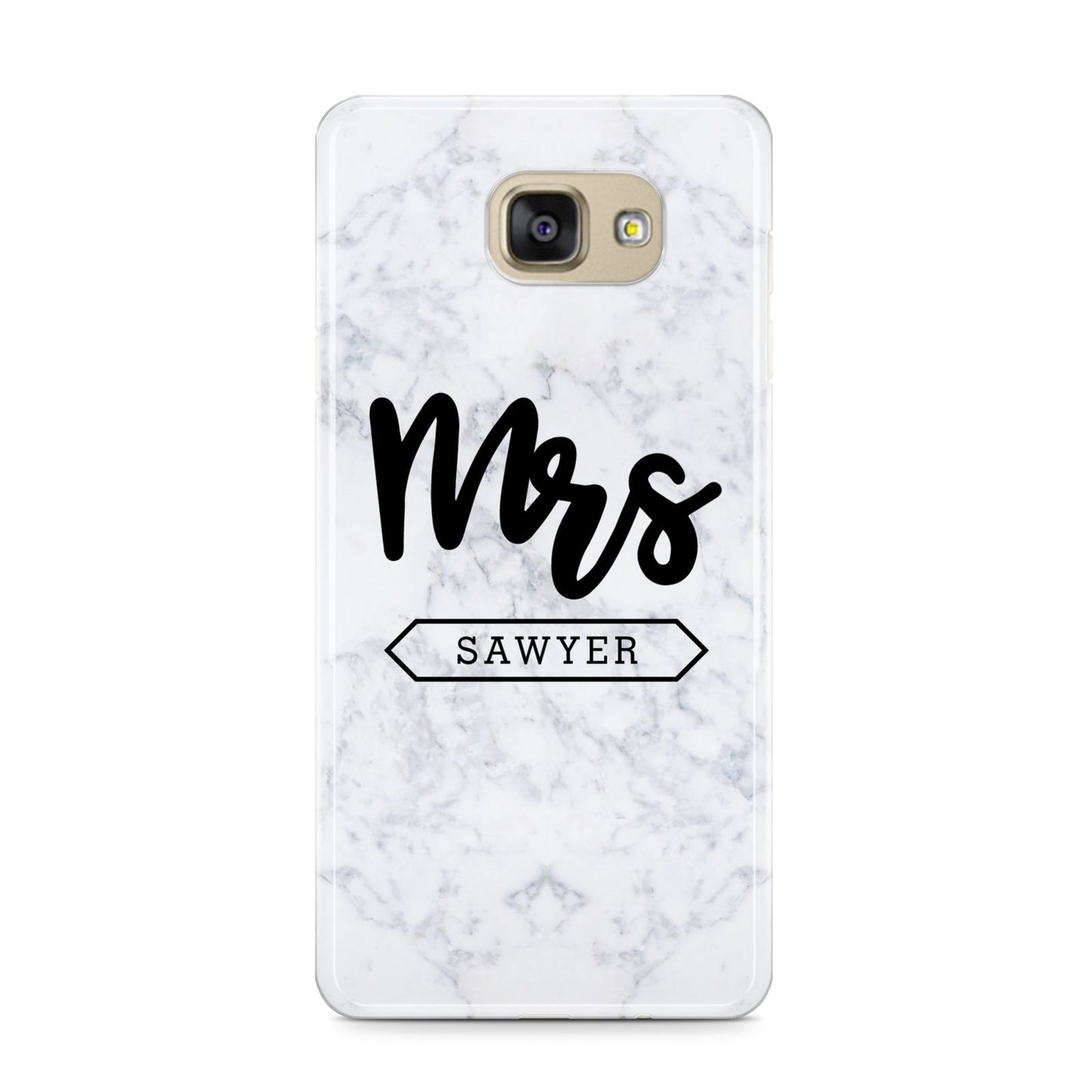 Personalised Black Mrs Surname On Marble Samsung Galaxy A9 2016 Case on gold phone