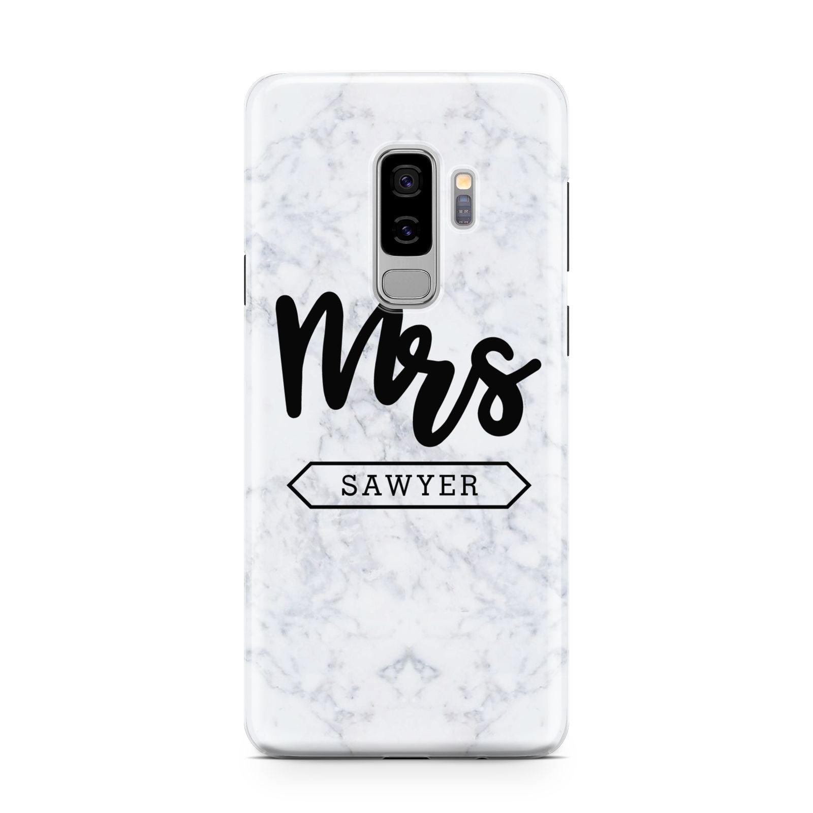 Personalised Black Mrs Surname On Marble Samsung Galaxy S9 Plus Case on Silver phone