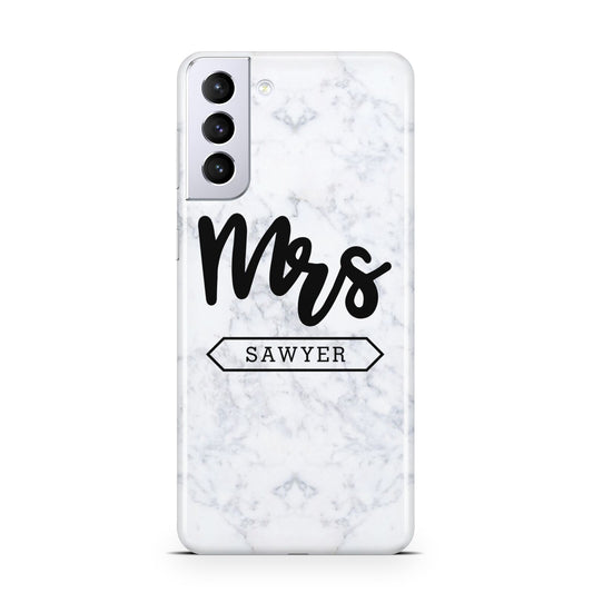 Personalised Black Mrs Surname On Marble Samsung S21 Plus Phone Case