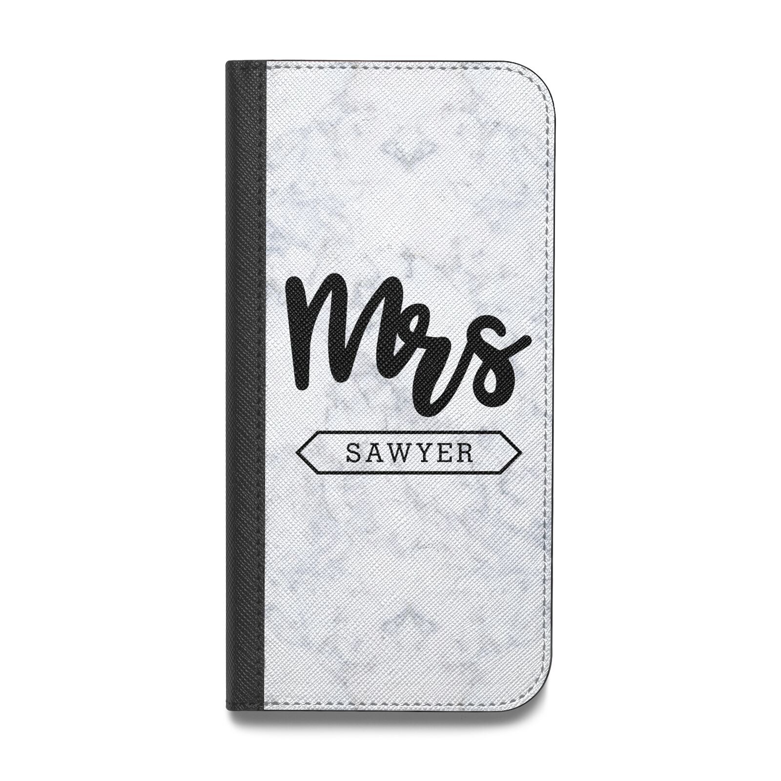 Personalised Black Mrs Surname On Marble Vegan Leather Flip iPhone Case