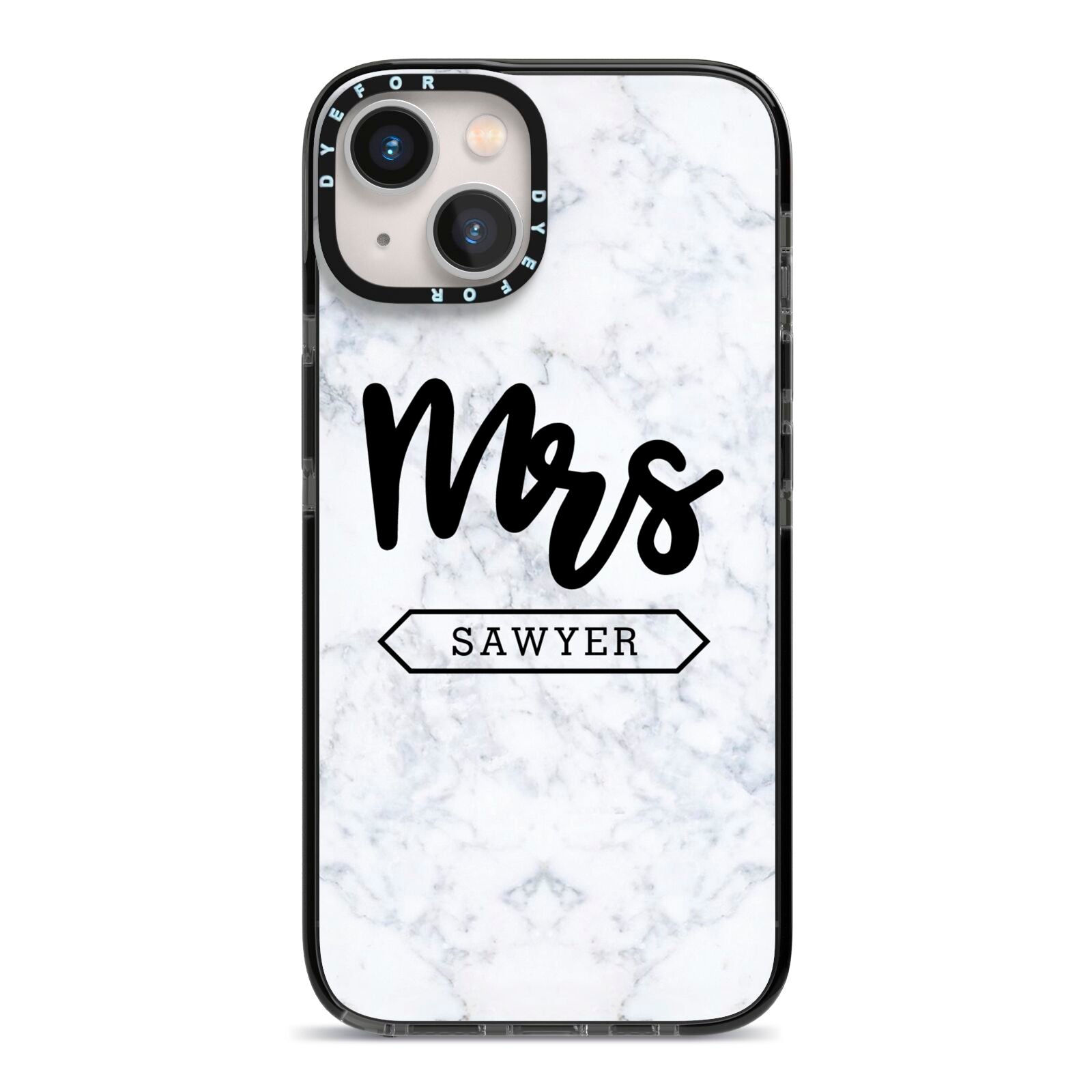 Personalised Black Mrs Surname On Marble iPhone 13 Black Impact Case on Silver phone