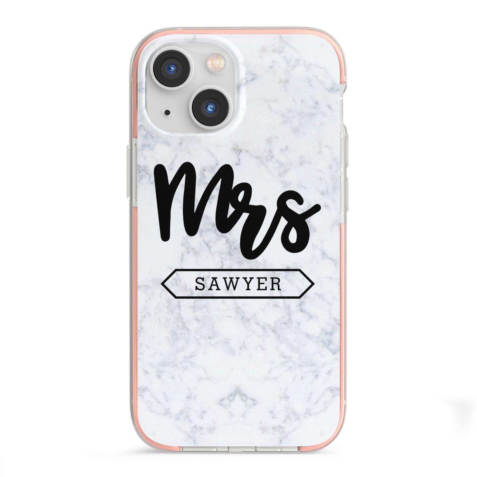 Personalised Black Mrs Surname On Marble iPhone 13 Mini TPU Impact Case with Pink Edges