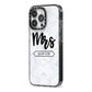 Personalised Black Mrs Surname On Marble iPhone 13 Pro Black Impact Case Side Angle on Silver phone