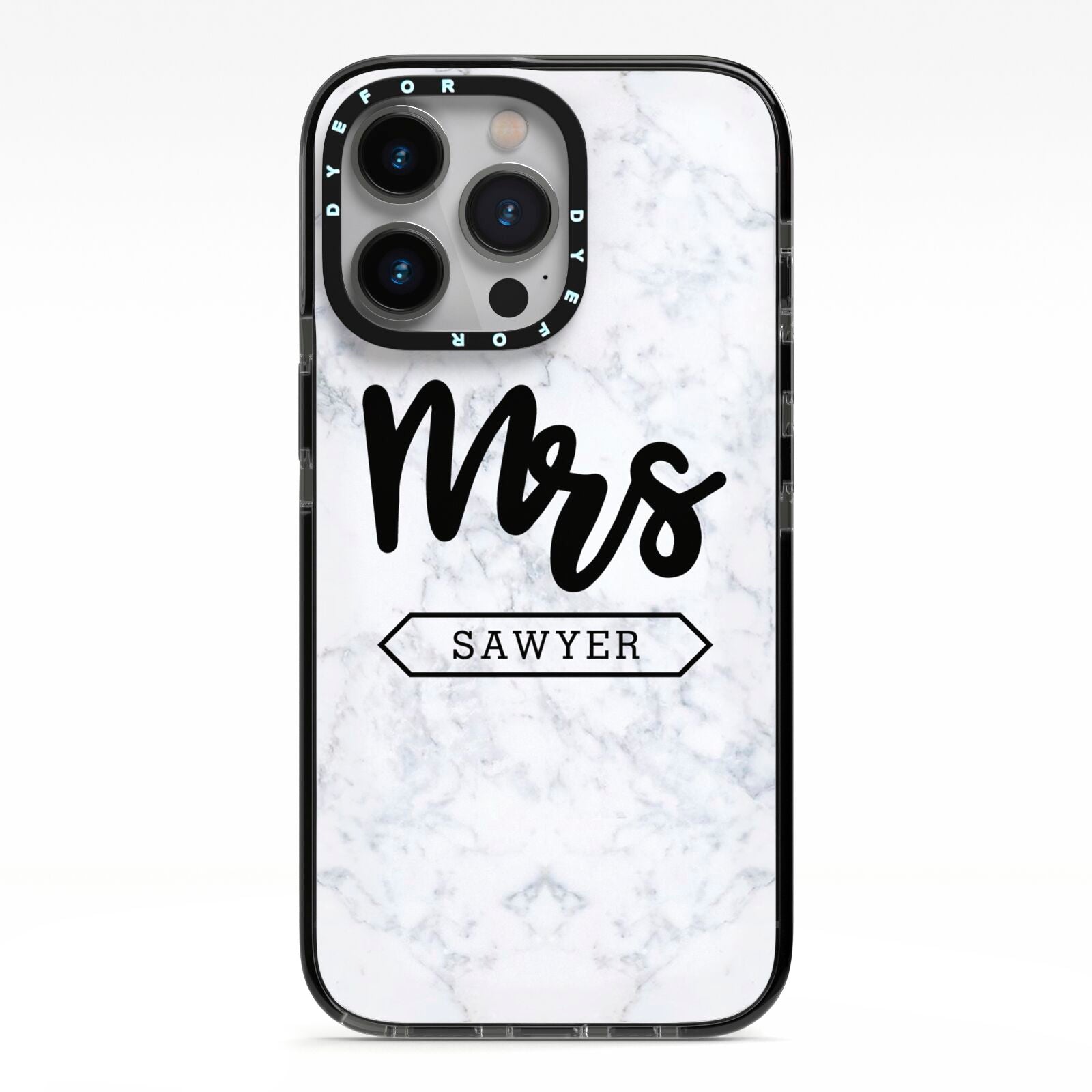 Personalised Black Mrs Surname On Marble iPhone 13 Pro Black Impact Case on Silver phone