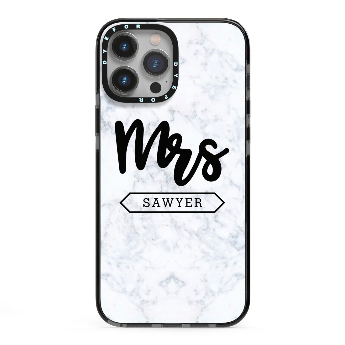 Personalised Black Mrs Surname On Marble iPhone 13 Pro Max Black Impact Case on Silver phone