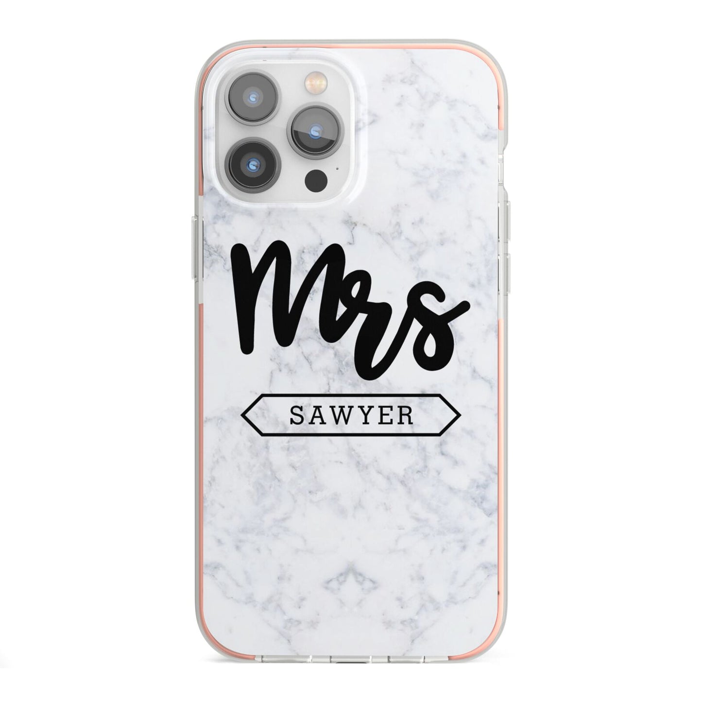 Personalised Black Mrs Surname On Marble iPhone 13 Pro Max TPU Impact Case with Pink Edges