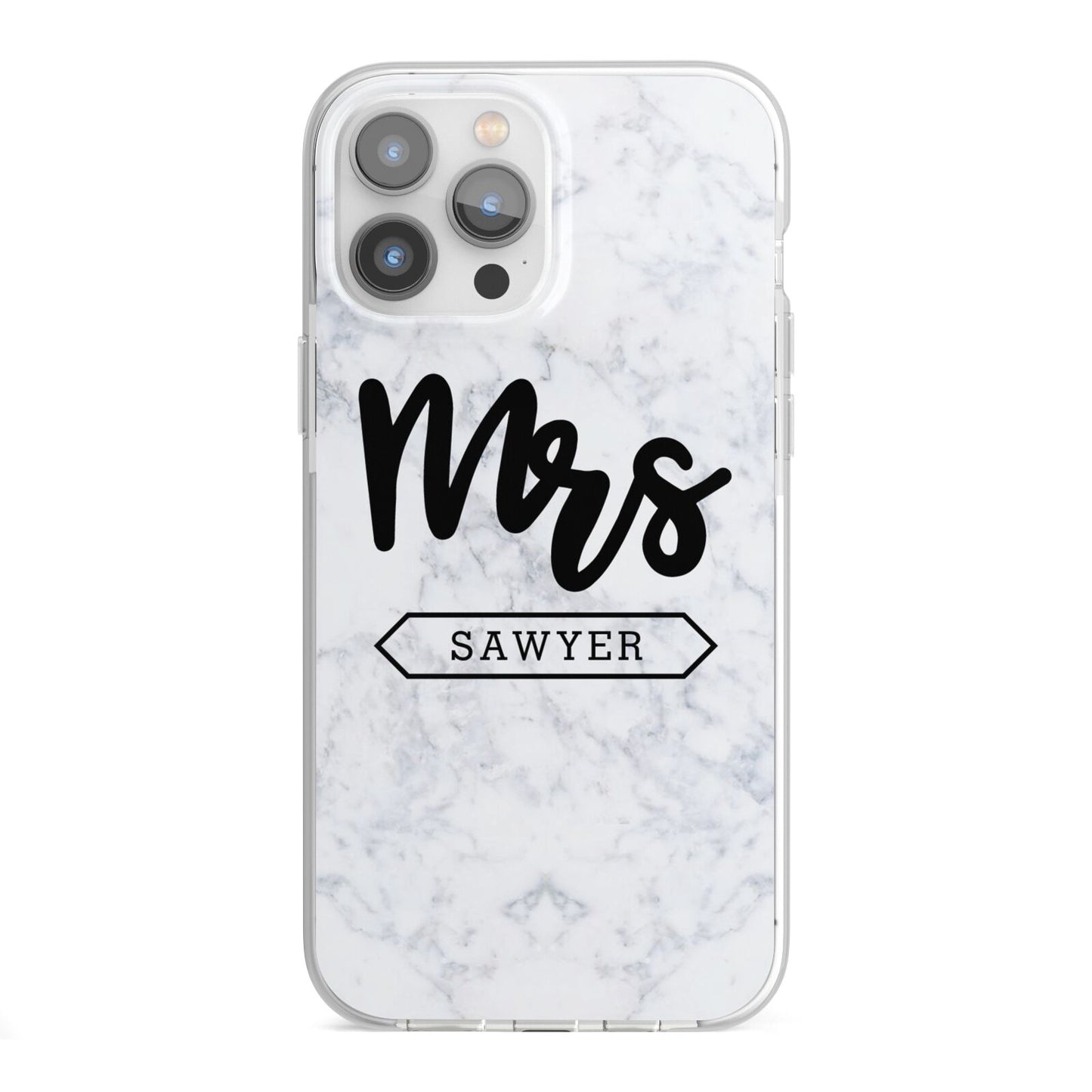 Personalised Black Mrs Surname On Marble iPhone 13 Pro Max TPU Impact Case with White Edges