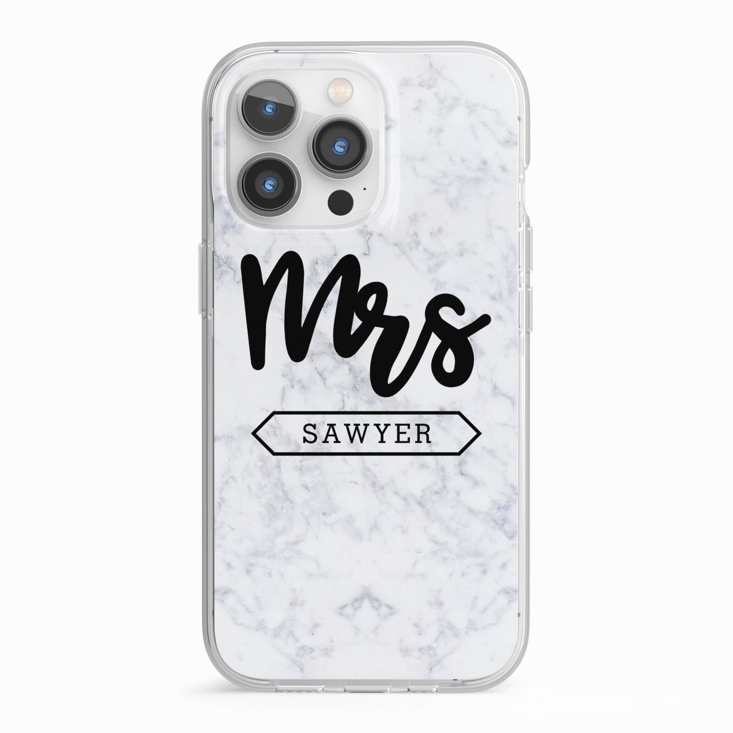 Personalised Black Mrs Surname On Marble iPhone 13 Pro TPU Impact Case with White Edges