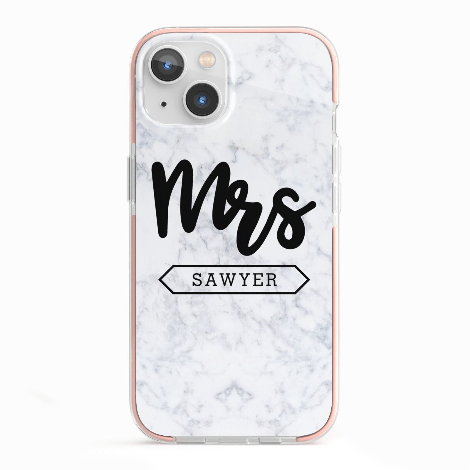 Personalised Black Mrs Surname On Marble iPhone 13 TPU Impact Case with Pink Edges