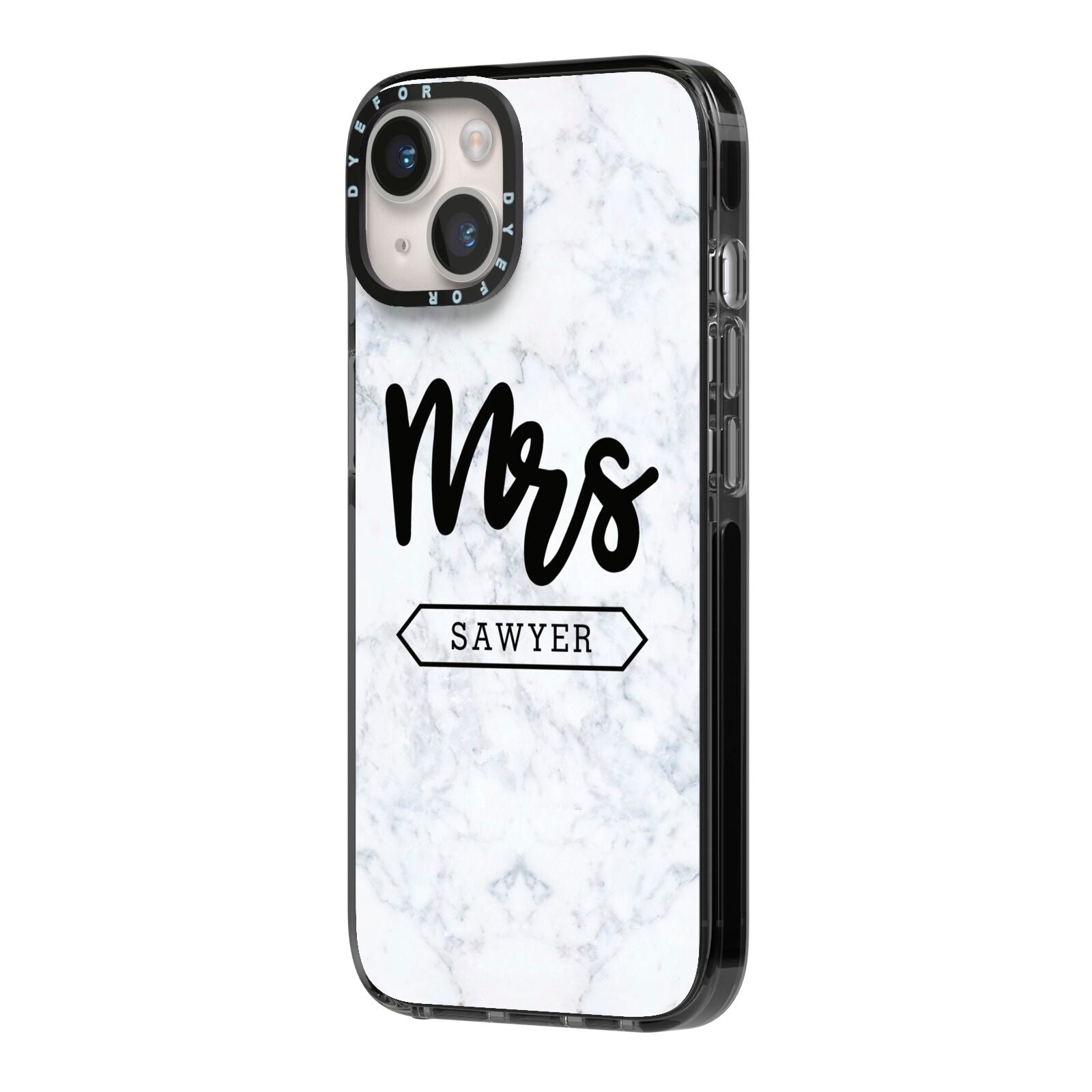 Personalised Black Mrs Surname On Marble iPhone 14 Black Impact Case Side Angle on Silver phone