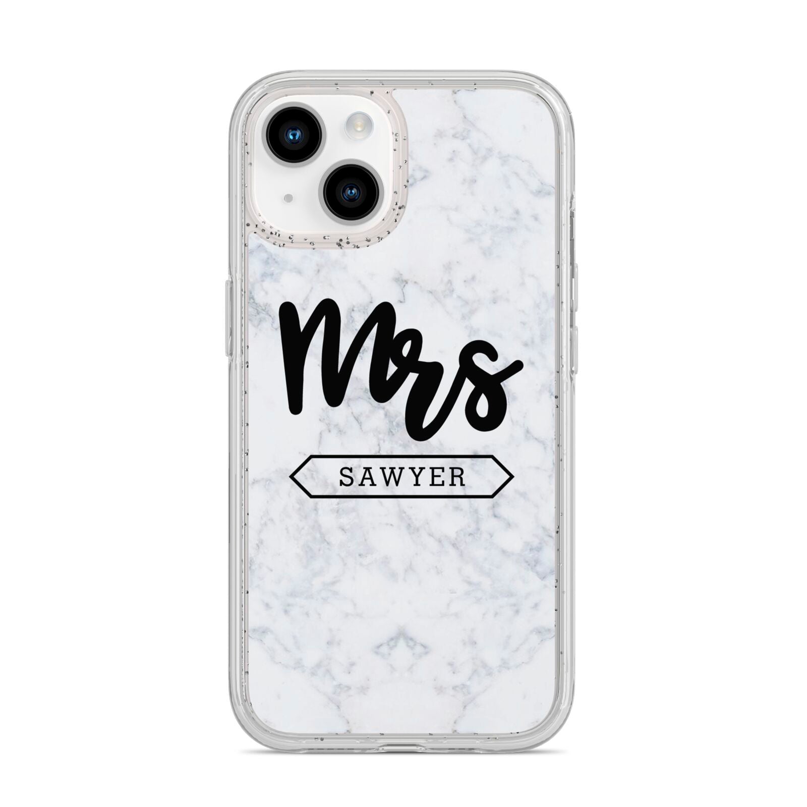 Personalised Black Mrs Surname On Marble iPhone 14 Glitter Tough Case Starlight
