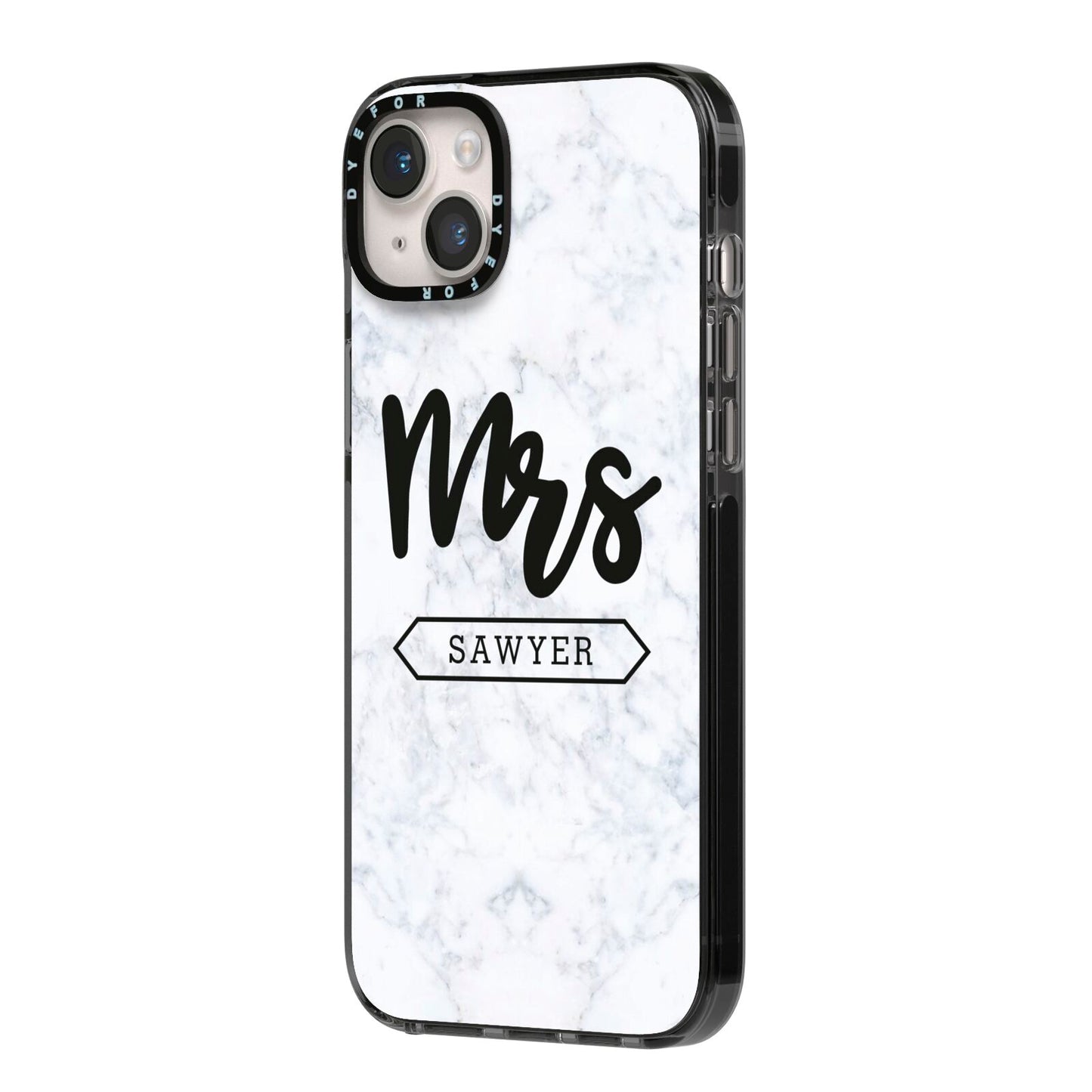 Personalised Black Mrs Surname On Marble iPhone 14 Plus Black Impact Case Side Angle on Silver phone