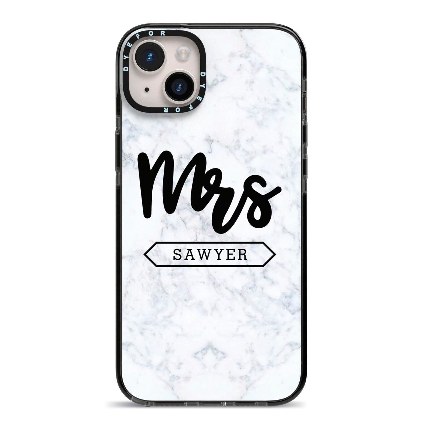 Personalised Black Mrs Surname On Marble iPhone 14 Plus Black Impact Case on Silver phone