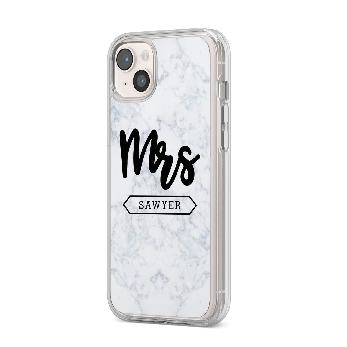 Personalised Black Mrs Surname On Marble iPhone 14 Plus Clear Tough Case Starlight Angled Image
