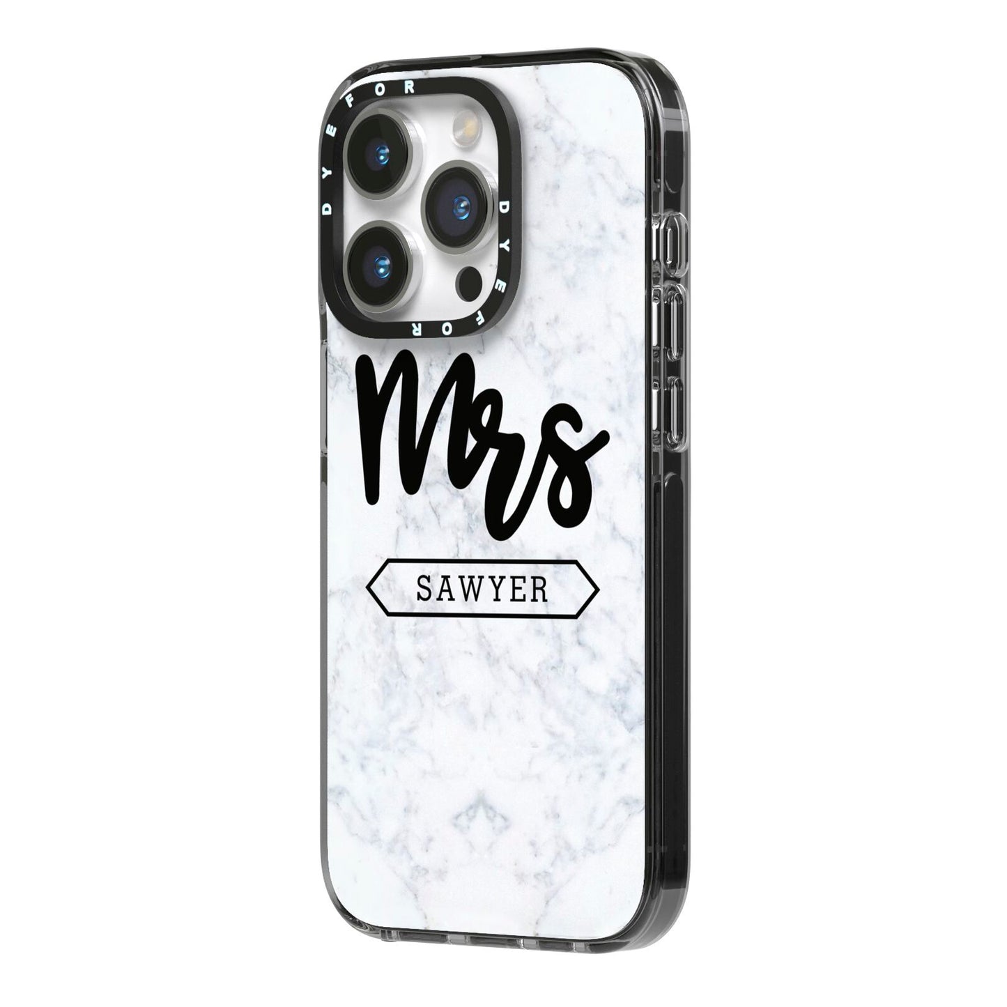Personalised Black Mrs Surname On Marble iPhone 14 Pro Black Impact Case Side Angle on Silver phone