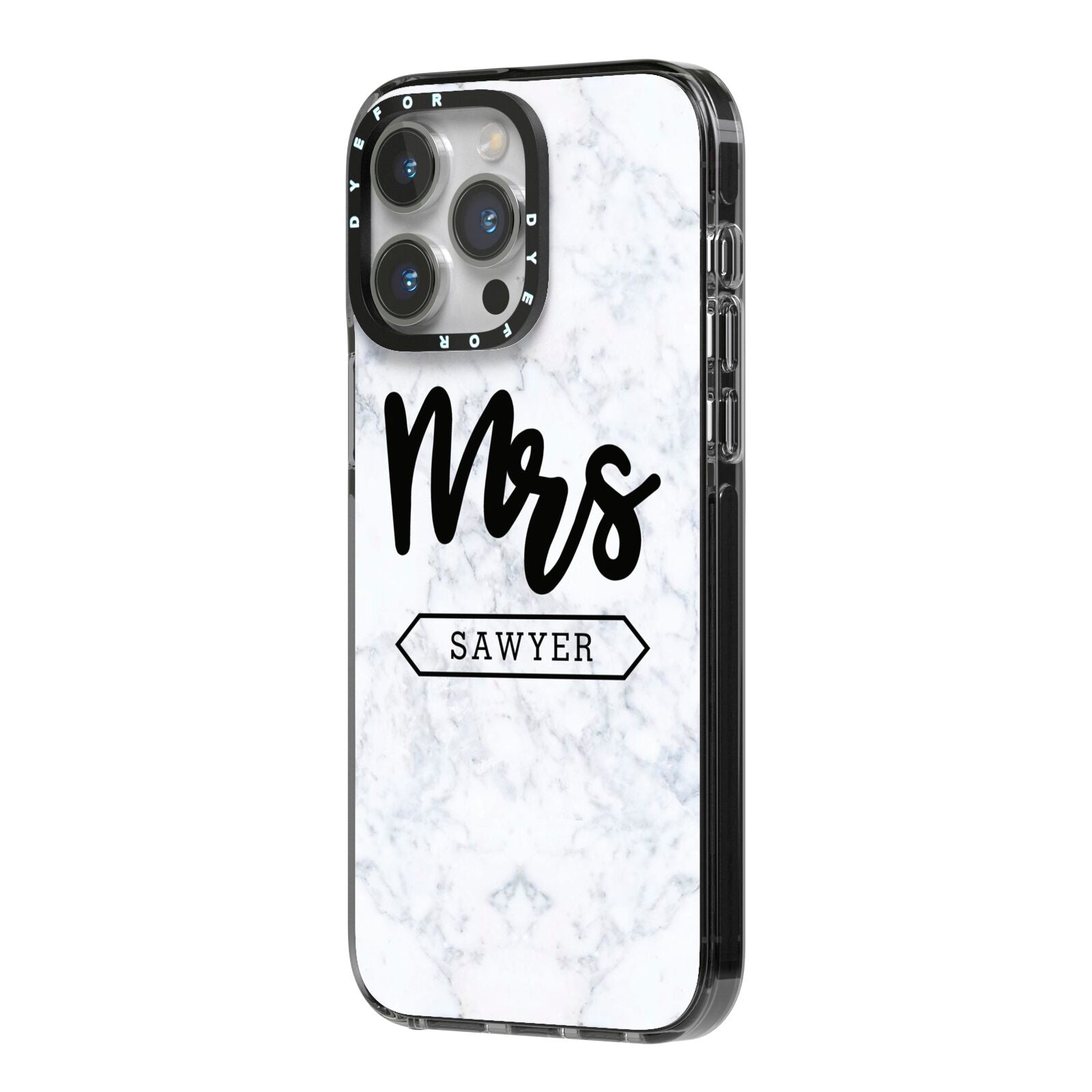 Personalised Black Mrs Surname On Marble iPhone 14 Pro Max Black Impact Case Side Angle on Silver phone