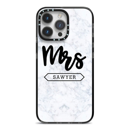 Personalised Black Mrs Surname On Marble iPhone 14 Pro Max Black Impact Case on Silver phone