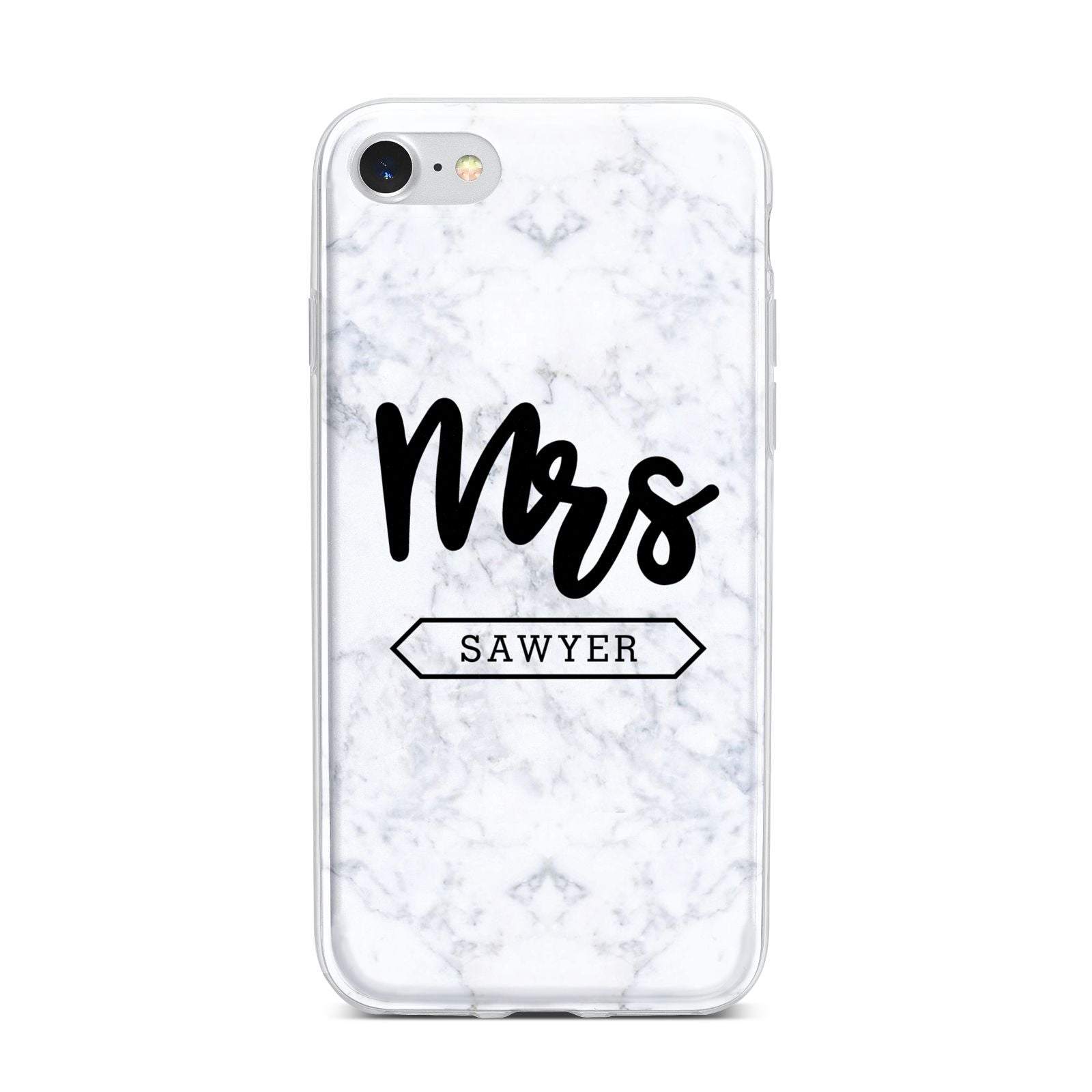 Personalised Black Mrs Surname On Marble iPhone 7 Bumper Case on Silver iPhone