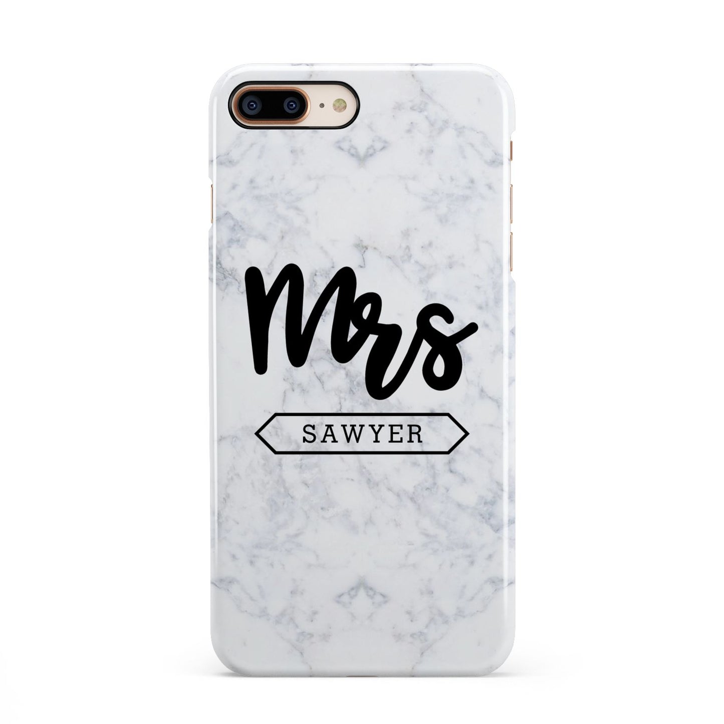 Personalised Black Mrs Surname On Marble iPhone 8 Plus 3D Snap Case on Gold Phone