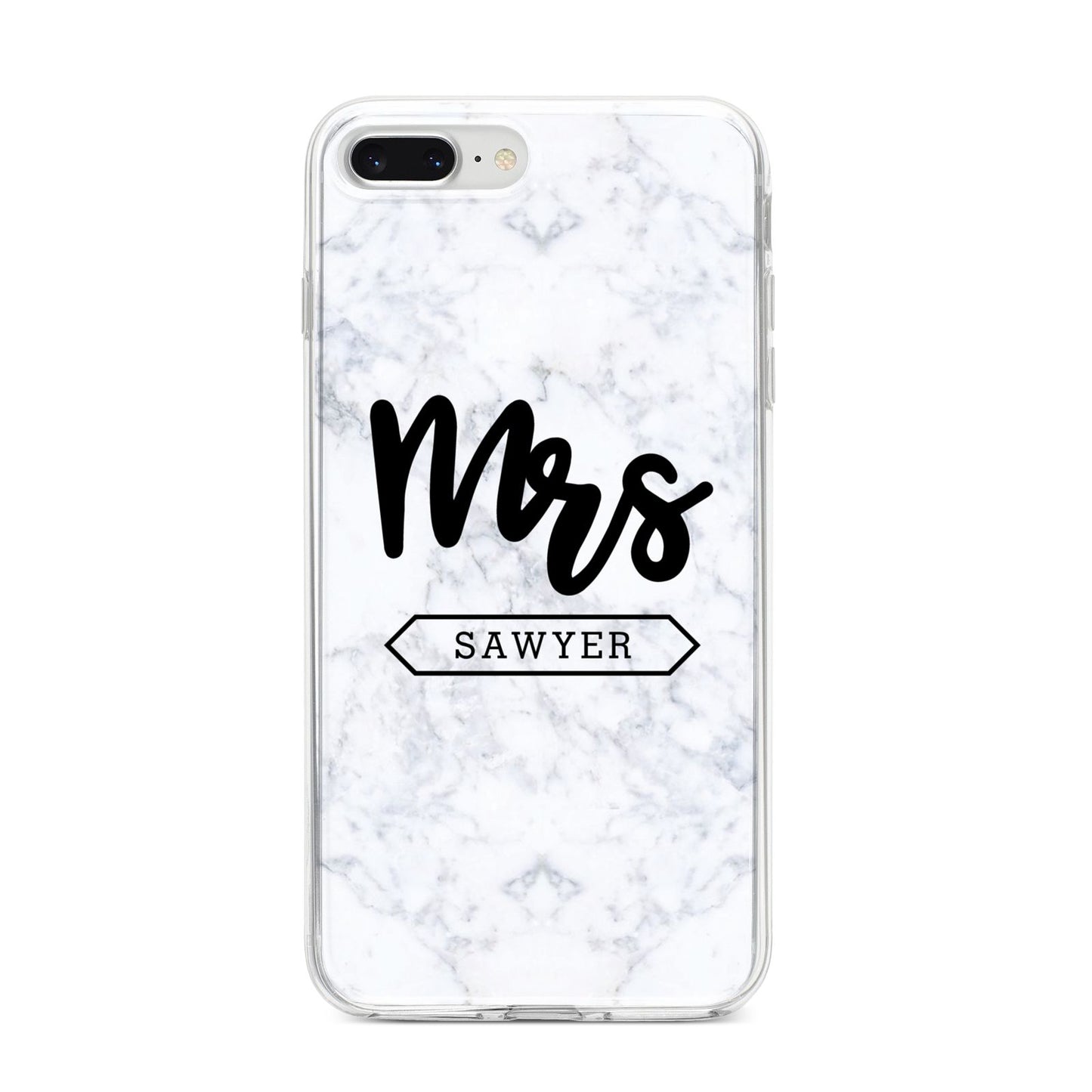Personalised Black Mrs Surname On Marble iPhone 8 Plus Bumper Case on Silver iPhone