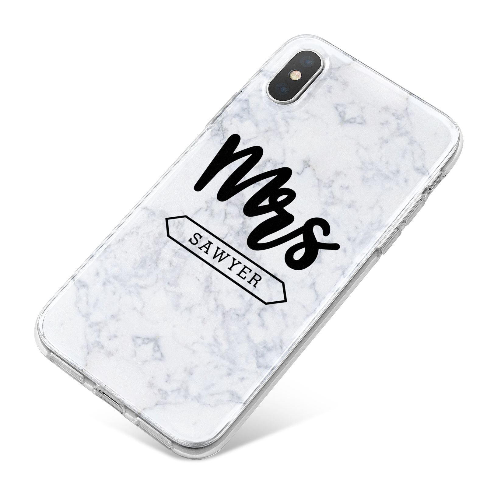 Personalised Black Mrs Surname On Marble iPhone X Bumper Case on Silver iPhone