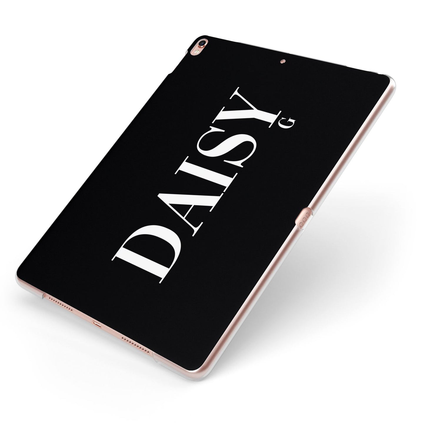 Personalised Black Name Apple iPad Case on Rose Gold iPad Side View