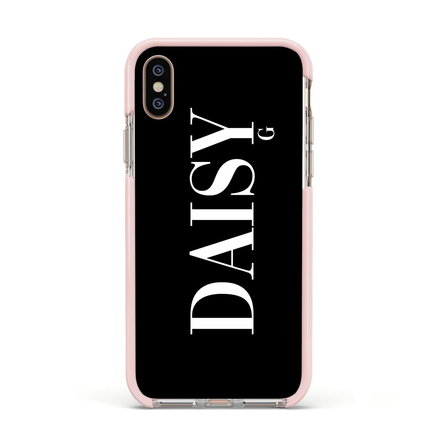 Personalised Black Name Apple iPhone Xs Impact Case Pink Edge on Gold Phone