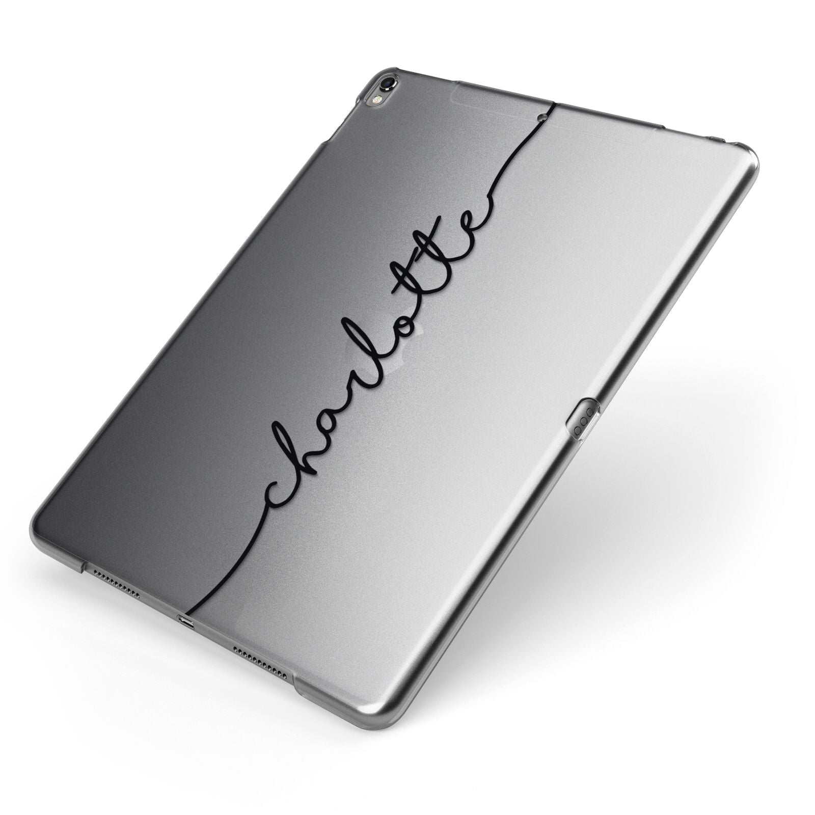Personalised Black Name Customised Clear Apple iPad Case on Grey iPad Side View
