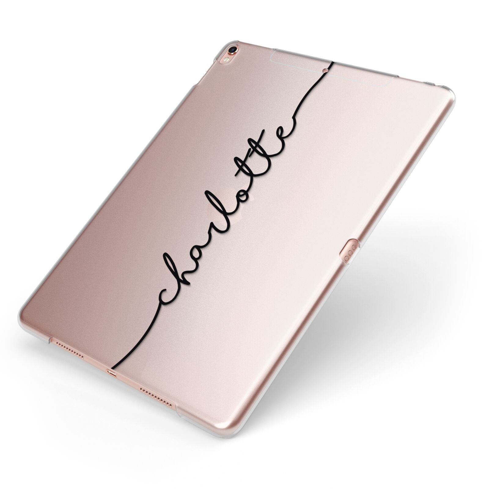Personalised Black Name Customised Clear Apple iPad Case on Rose Gold iPad Side View