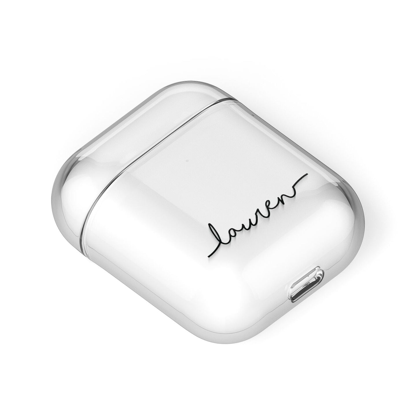 Personalised Black Name Handwriting Clear Custom AirPods Case Laid Flat