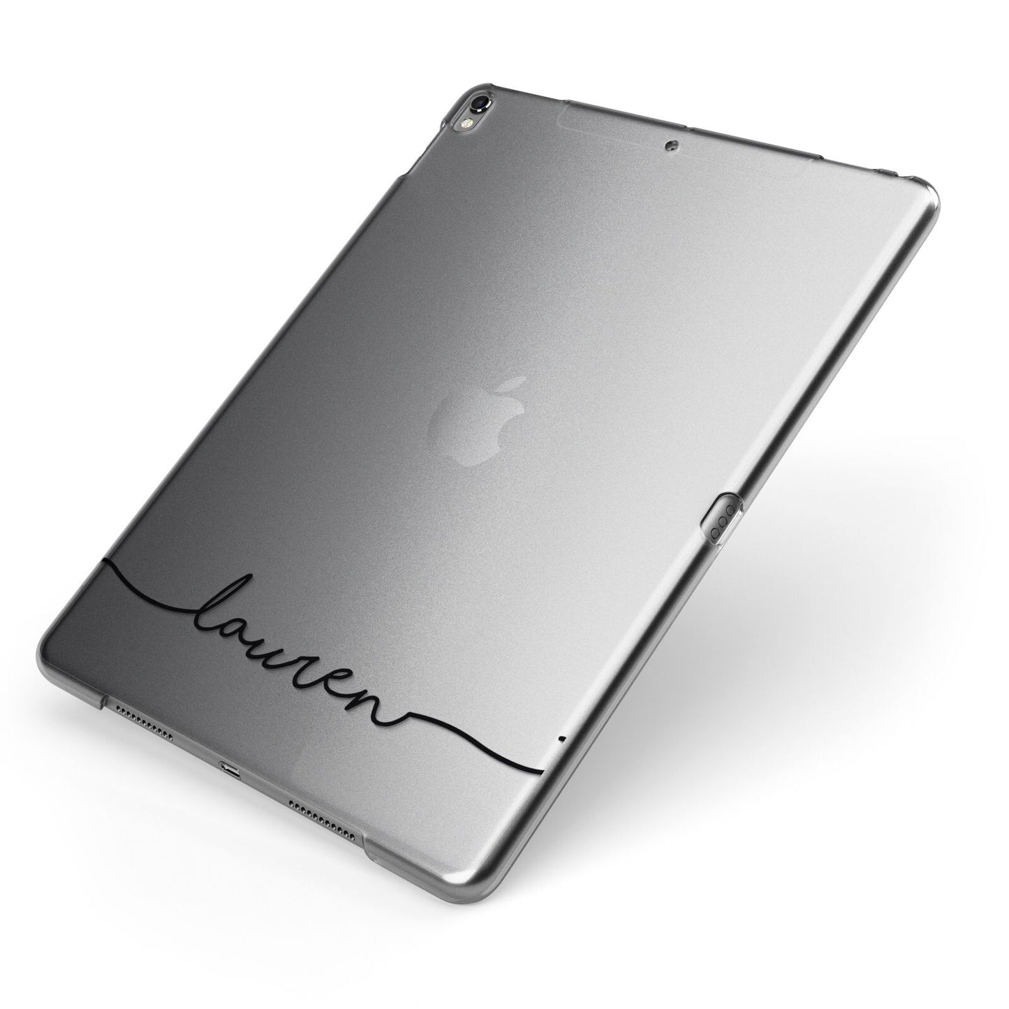 Personalised Black Name Handwriting Clear Custom Apple iPad Case on Grey iPad Side View