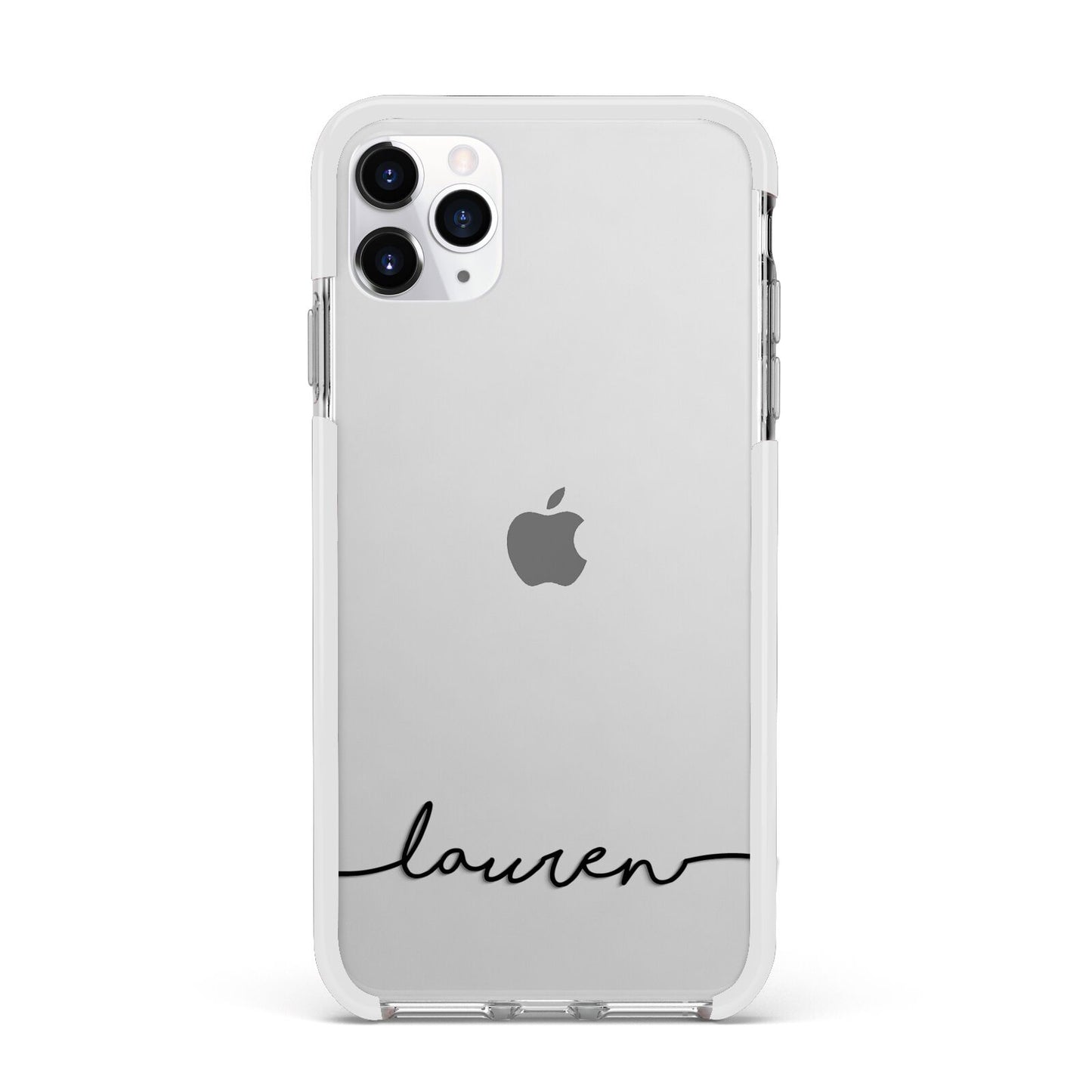 Personalised Black Name Handwriting Clear Custom Apple iPhone 11 Pro Max in Silver with White Impact Case