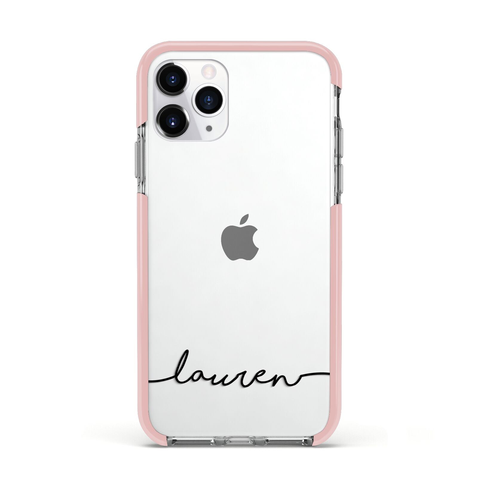 Personalised Black Name Handwriting Clear Custom Apple iPhone 11 Pro in Silver with Pink Impact Case