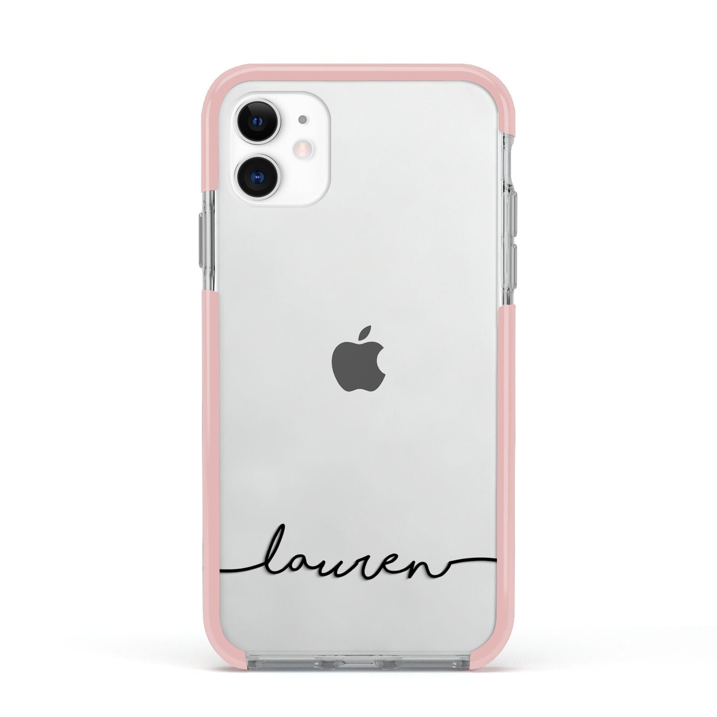 Personalised Black Name Handwriting Clear Custom Apple iPhone 11 in White with Pink Impact Case