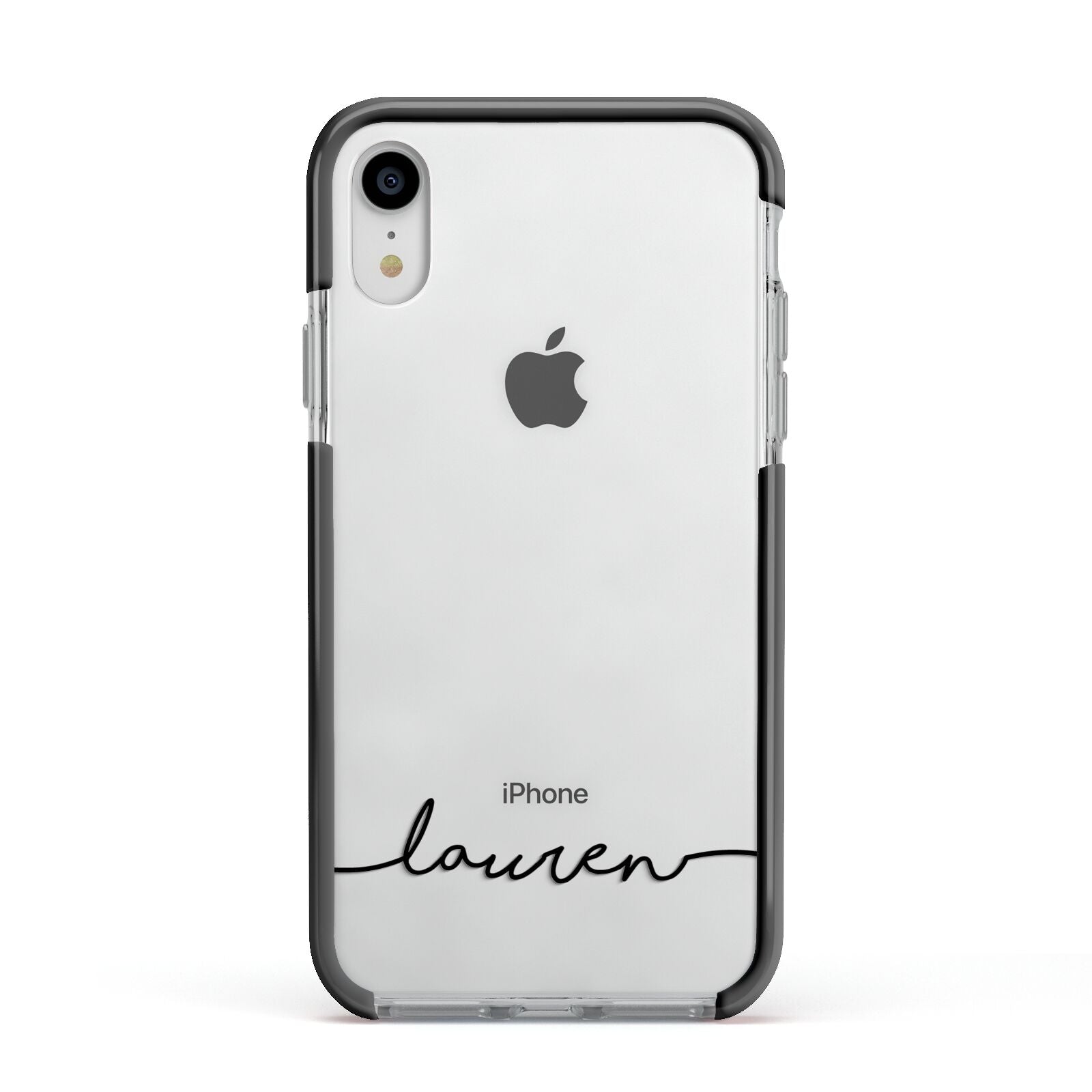 Personalised Black Name Handwriting Clear Custom Apple iPhone XR Impact Case Black Edge on Silver Phone