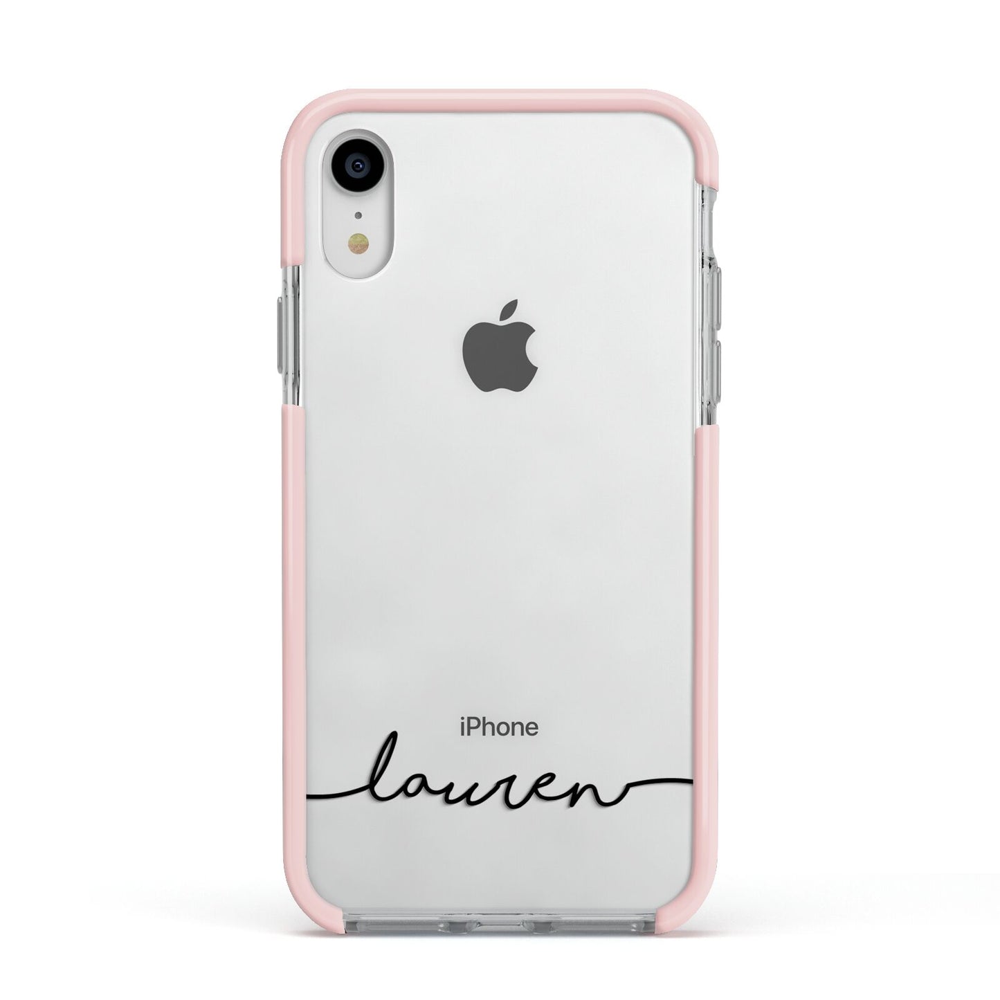 Personalised Black Name Handwriting Clear Custom Apple iPhone XR Impact Case Pink Edge on Silver Phone