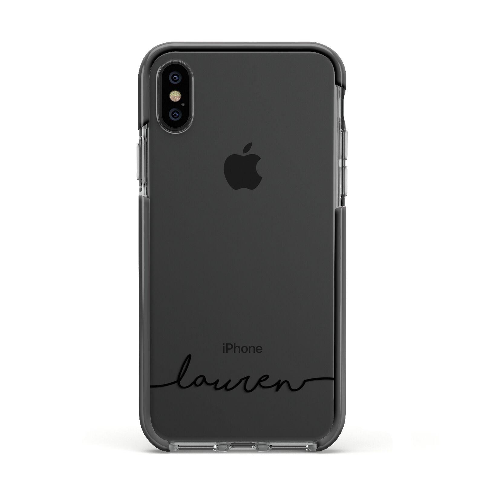 Personalised Black Name Handwriting Clear Custom Apple iPhone Xs Impact Case Black Edge on Black Phone