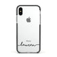 Personalised Black Name Handwriting Clear Custom Apple iPhone Xs Impact Case Black Edge on Silver Phone