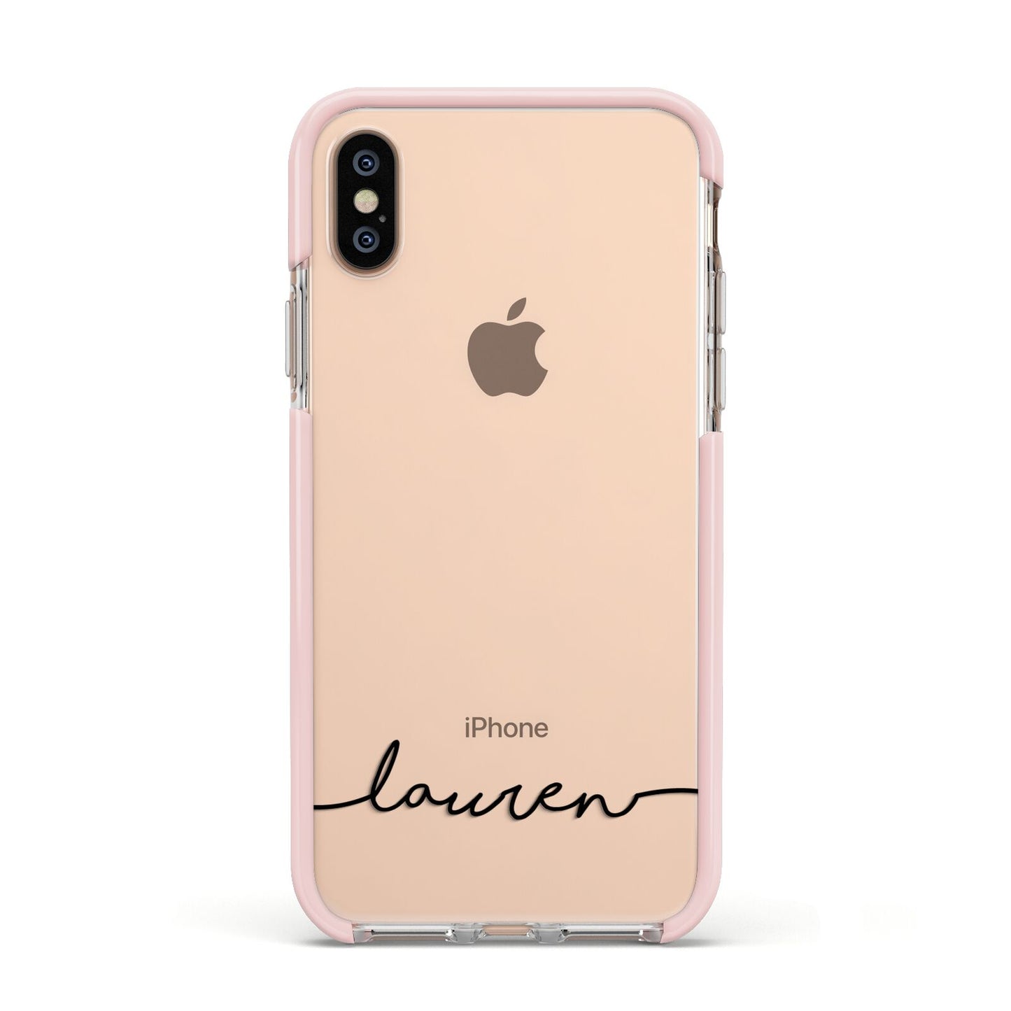 Personalised Black Name Handwriting Clear Custom Apple iPhone Xs Impact Case Pink Edge on Gold Phone