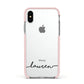 Personalised Black Name Handwriting Clear Custom Apple iPhone Xs Impact Case Pink Edge on Silver Phone