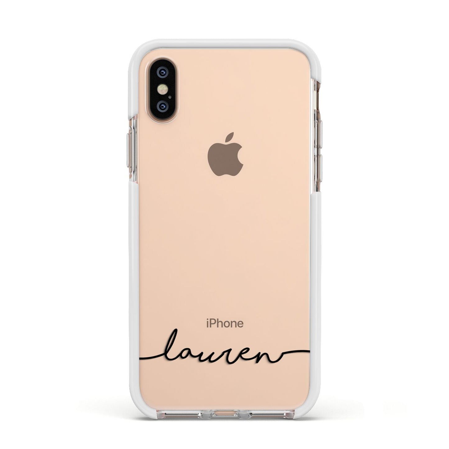 Personalised Black Name Handwriting Clear Custom Apple iPhone Xs Impact Case White Edge on Gold Phone