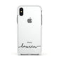 Personalised Black Name Handwriting Clear Custom Apple iPhone Xs Impact Case White Edge on Silver Phone
