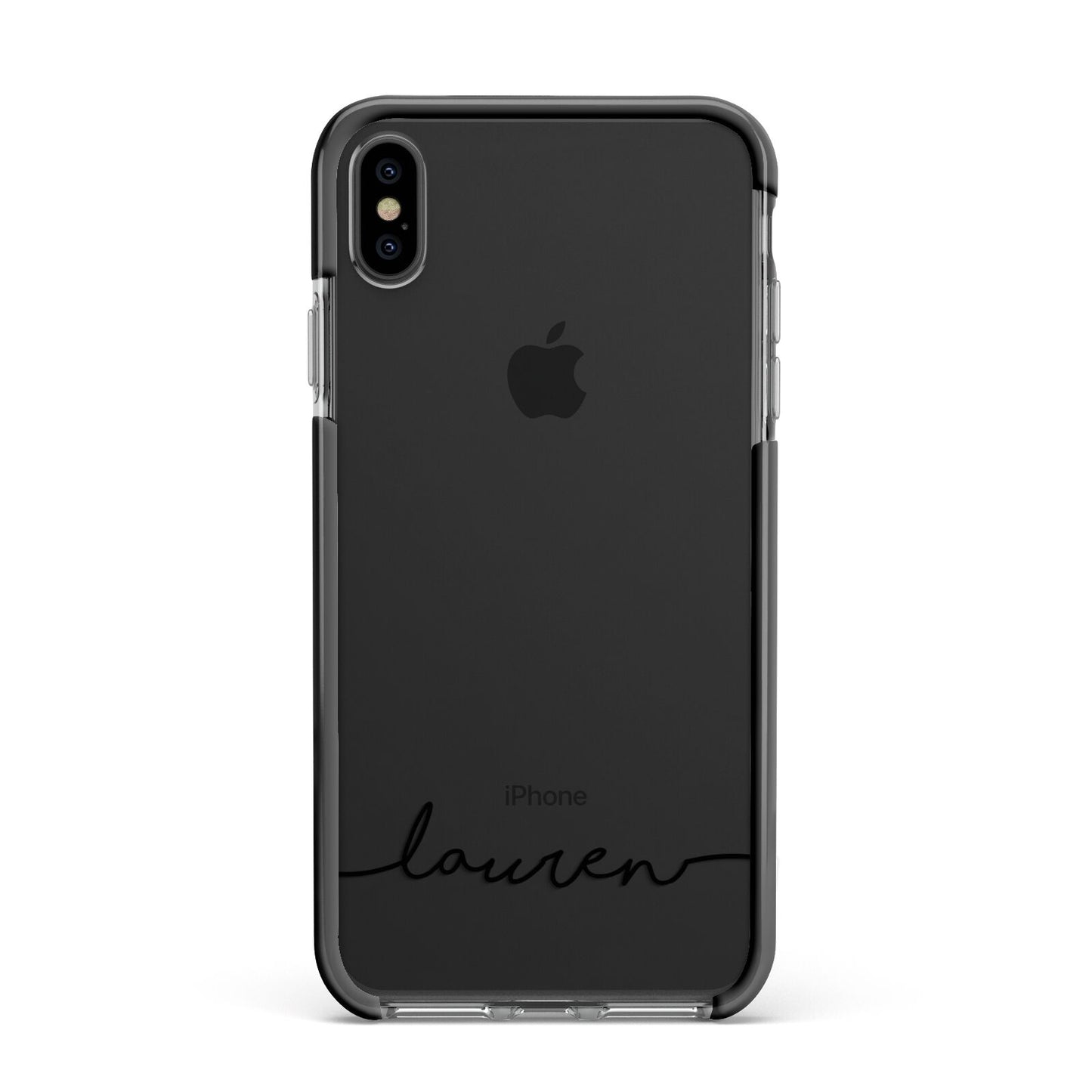 Personalised Black Name Handwriting Clear Custom Apple iPhone Xs Max Impact Case Black Edge on Black Phone
