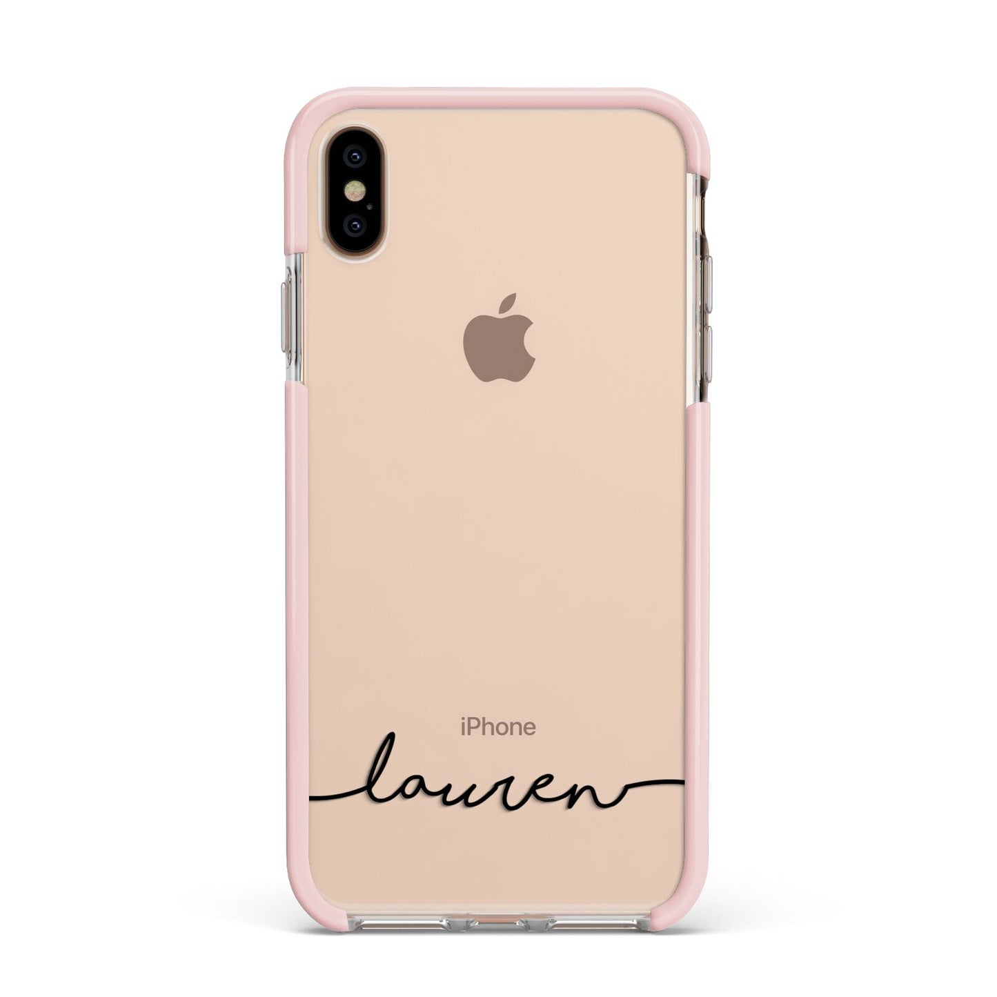 Personalised Black Name Handwriting Clear Custom Apple iPhone Xs Max Impact Case Pink Edge on Gold Phone