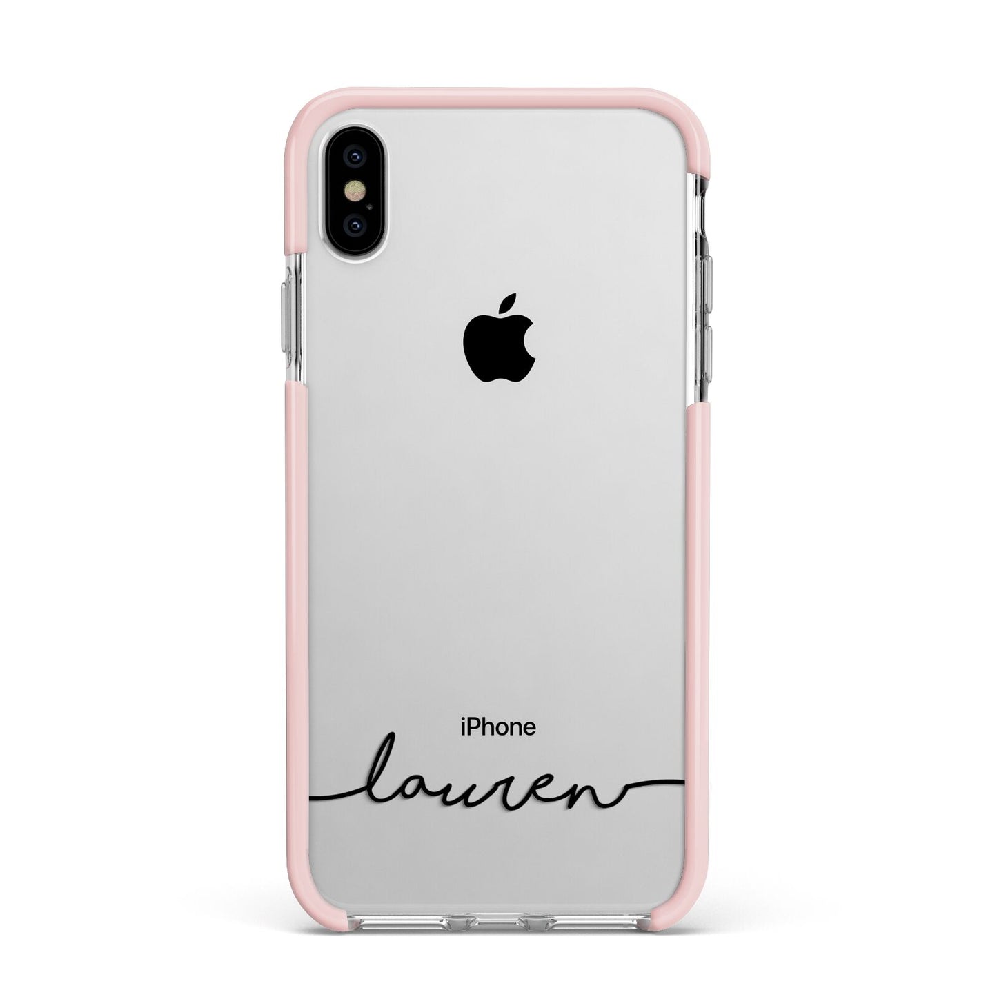 Personalised Black Name Handwriting Clear Custom Apple iPhone Xs Max Impact Case Pink Edge on Silver Phone
