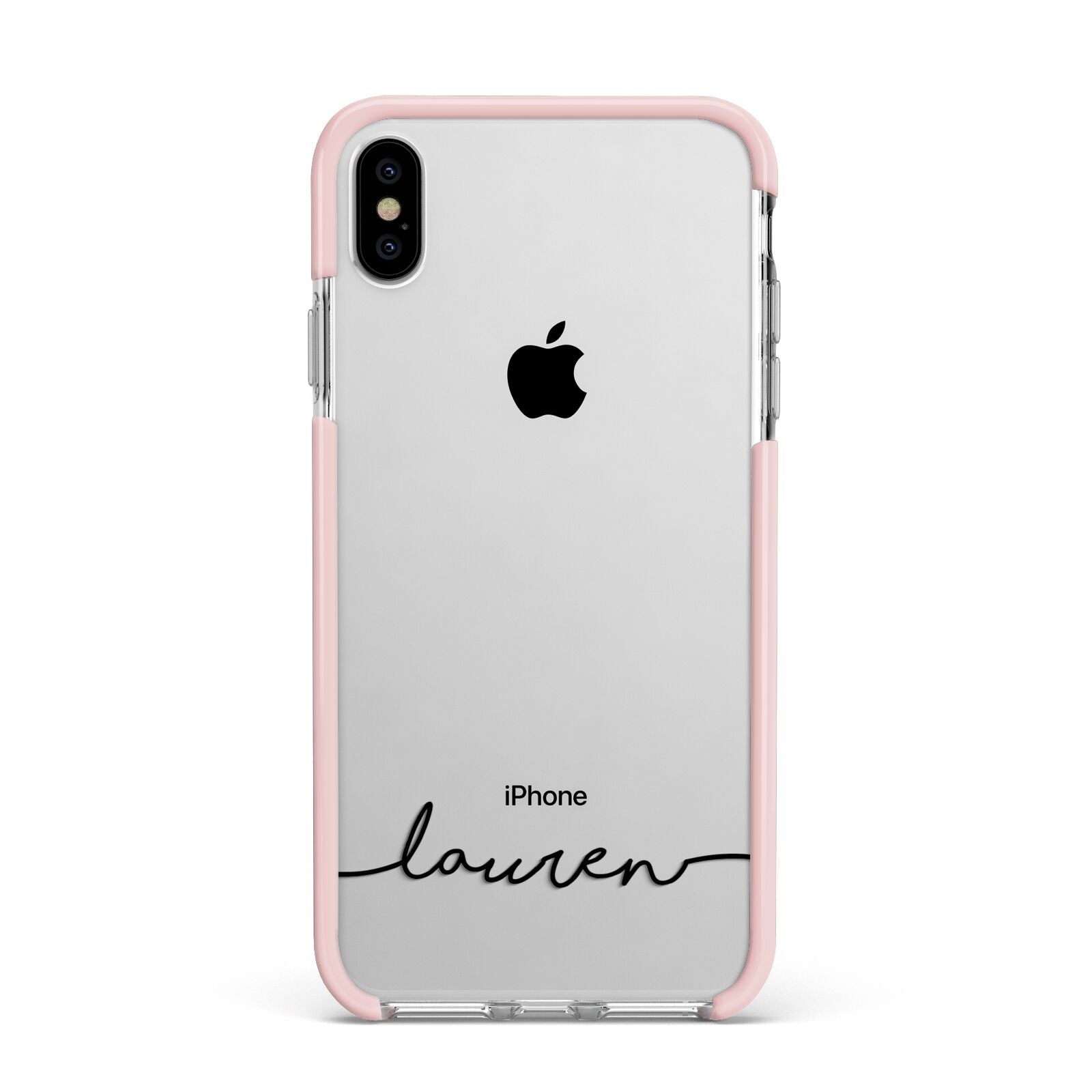 Personalised Black Name Handwriting Clear Custom Apple iPhone Xs Max Impact Case Pink Edge on Silver Phone